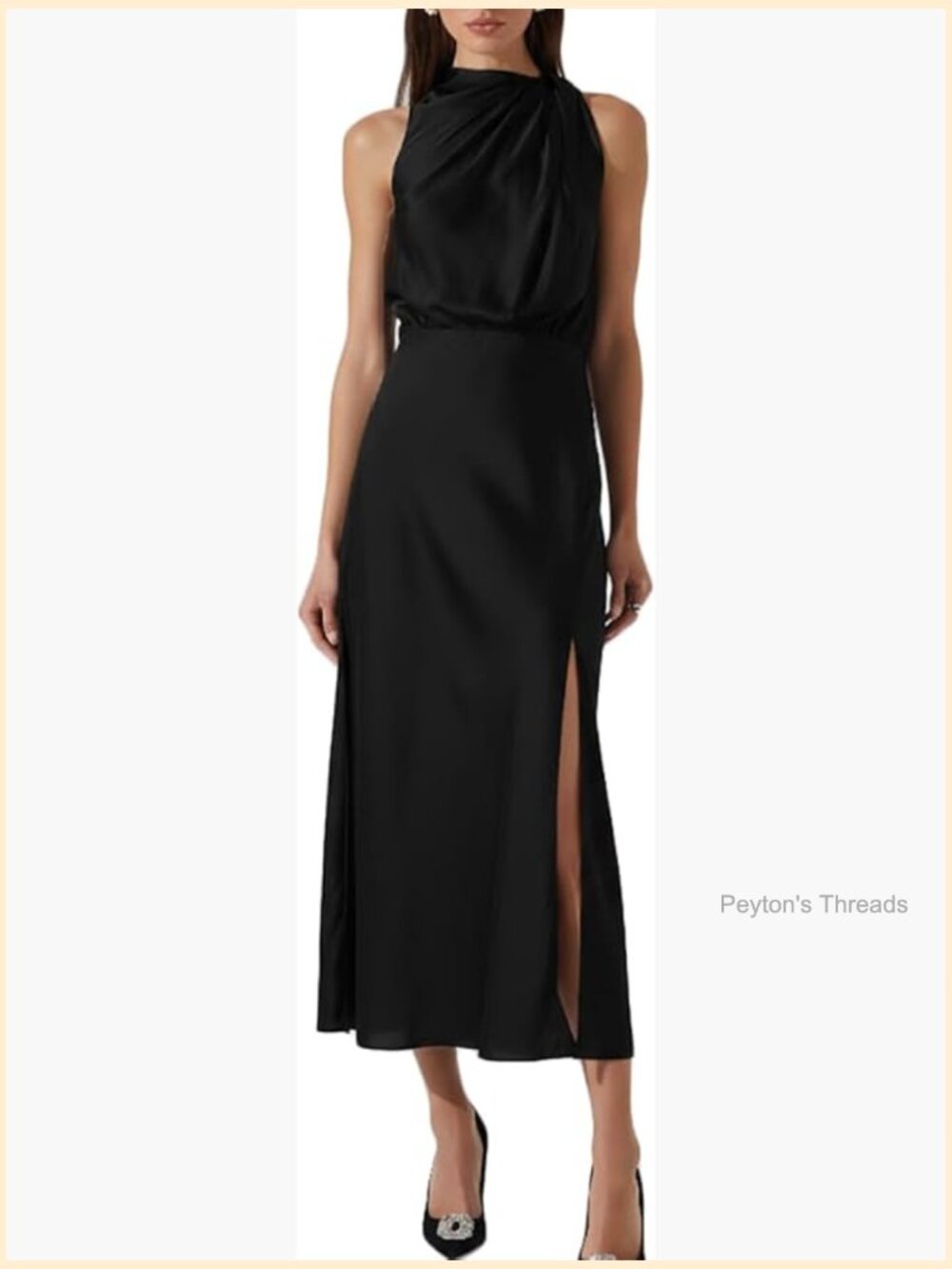 Satin Mock Neck Sleeveless Ruched Midi Dress with Slit Wedding Guest